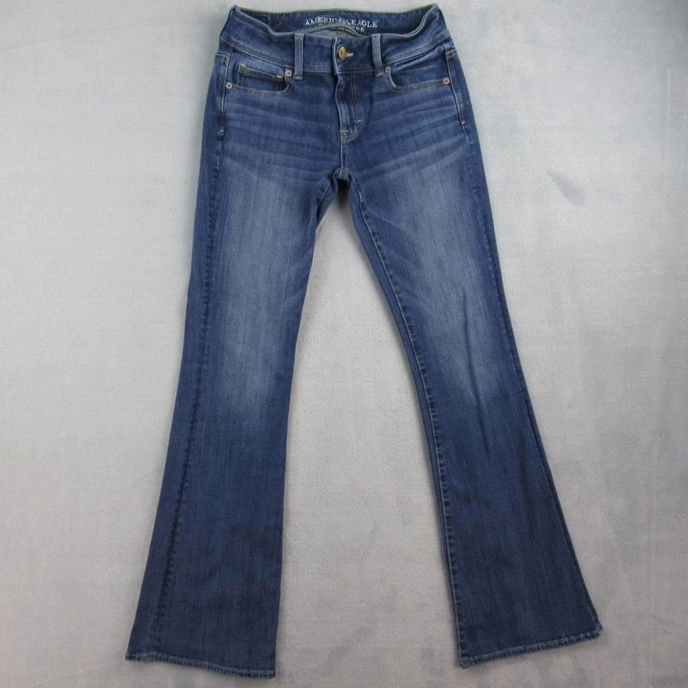 American Eagle Kick Boot Jeans Womens 0 Short Blue 360 Super Stretch Low Rise